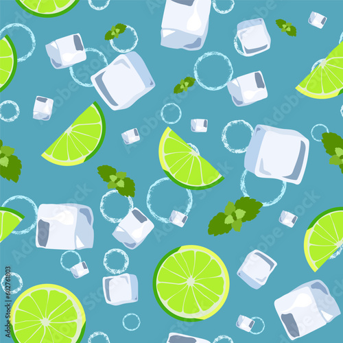 Top view lemonade wallpaper. Mojito cocktail seamless pattern. Illustration with ice cube, mint and lime. Fresh summer time print or textile, prints, banner, party invitation or packaging design