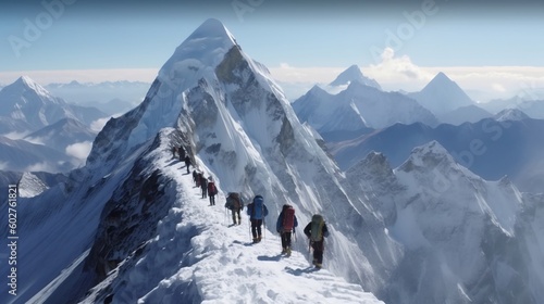 Photo Summiting Everest: Brave Group Expedition. Generative AI