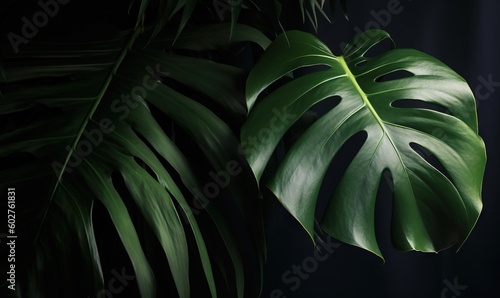  a large green leaf on a dark background with a black background. generative ai