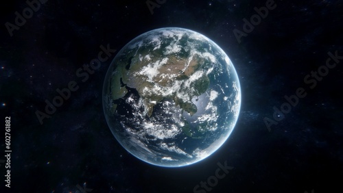 Earth in space. Blue planet wallpaper facing Asia. 3D illustration of Globe on star field background with starry sky in interstellar space. Elements of this image furnished by NASA.