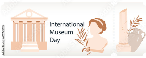 International Museum Day. May 18. Vector illustration on light background.  Ticket. Modern design with ancient greek, roman clay vase, amphora. 