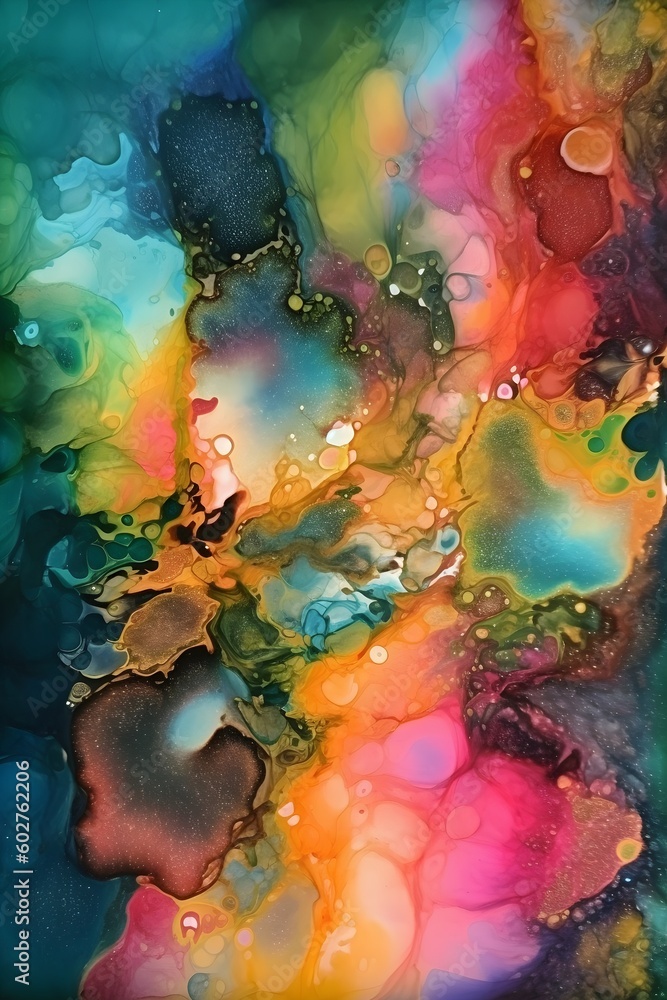 Multicolor abstract fluid art painting in alcohol ink. Transparent waves and colorful swirls. Marble effect, painted texture, smooth marbled backgrounds, pattern. Image is AI generated.