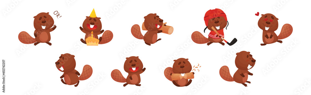 Cute Beaver Character Engaged in Different Activity Vector Set Cute Beaver Character Engaged in Different Activity Vector Set