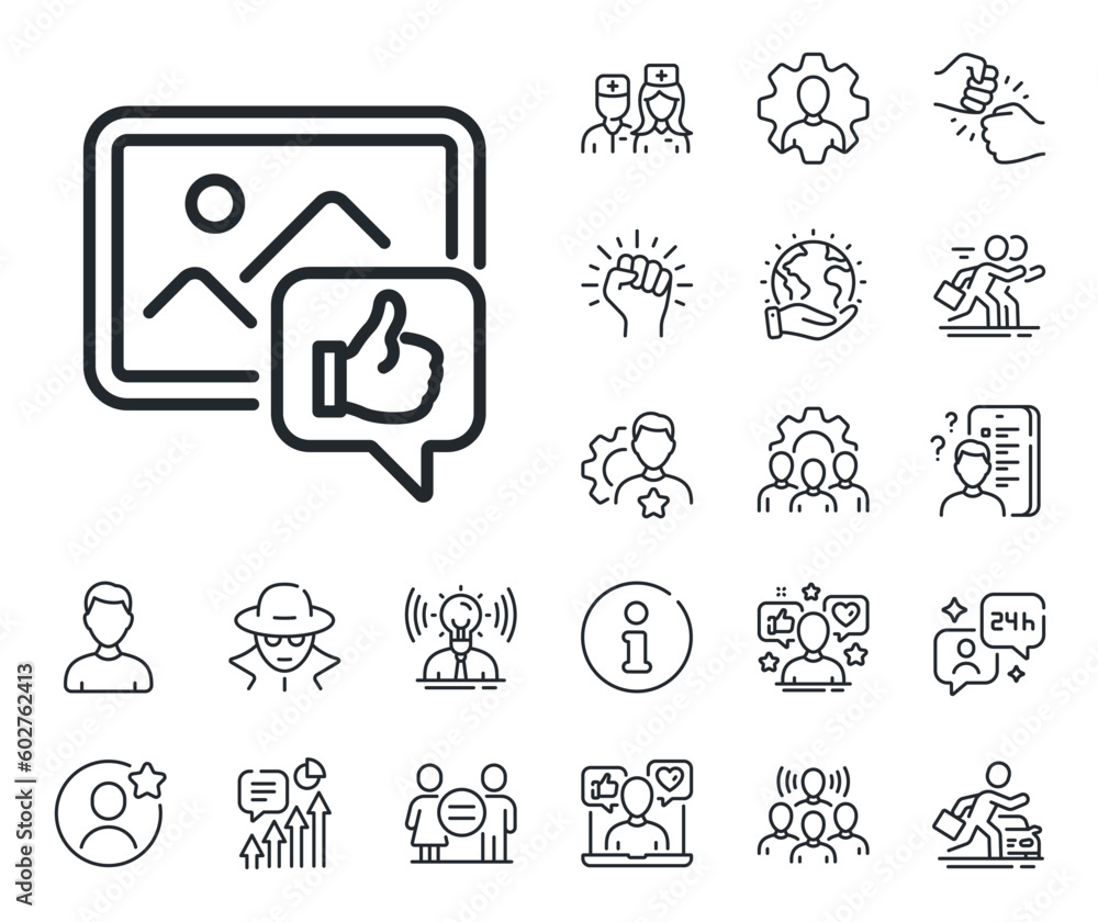 Thumbs up sign. Specialist, doctor and job competition outline icons. Like photo line icon. Positive feedback, social media symbol. Like photo line sign. Avatar placeholder, spy headshot icon. Vector Thumbs up sign. Specialist, doctor and job competition outline icons. Like photo line icon. Positive feedback, social media symbol. Like photo line sign. Avatar placeholder, spy headshot icon. Vector