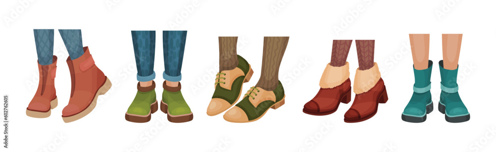 Female Legs Wearing Fashion Shoes and Footwear Vector Set Female Legs Wearing Fashion Shoes and Footwear Vector Set