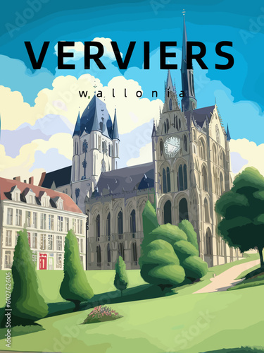 Verviers: Retro tourism poster with an Belgian landscape and the headline Verviers in Wallonia photo