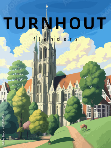 Turnhout: Retro tourism poster with an Belgian landscape and the headline Turnhout in Flanders photo