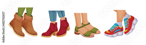 Female Legs Wearing Fashion Shoes and Footwear Vector Set