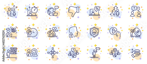Outline set of Timer, Delivery man and Sleep line icons for web app. Include Video conference, Dislike hand, Teamwork question pictogram icons. Online tax, Inclusion, Bitcoin pay signs. Vector