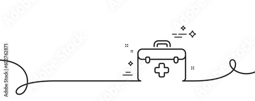 First aid line icon. Continuous one line with curl. Medicical kit sign. Pharmacy medication symbol. First aid single outline ribbon. Loop curve pattern. Vector