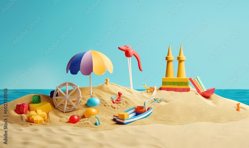 a beach scene with a sand castle, umbrellas and toys. generative ai a beach scene with a sand castle, umbrellas and toys. generative ai