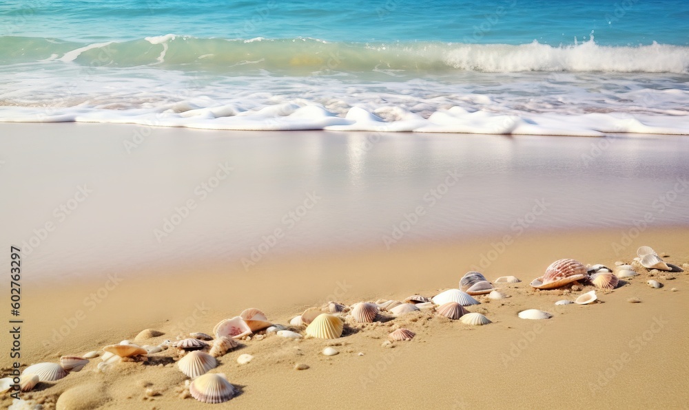  a sandy beach with a wave coming in and a line of seashells on the sand.  generative ai