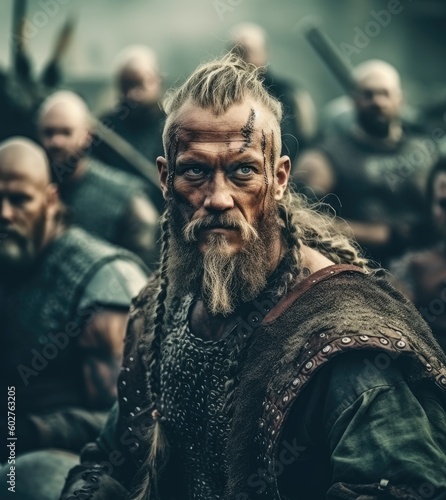 AI generated a bearded Viking warrior stands in front of a group of men