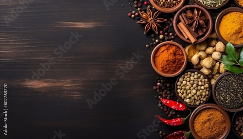 Indian Spices: Black Wood Background. Generative AI
