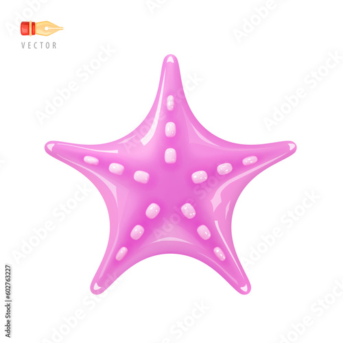 Cartoon Cute Pink Starfish. Funny Sea Animal. Vector Illustration Object isolated on white background. Realistic 3D vector icon