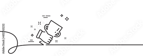 Winner cup line icon. Continuous one line with curl. Hold trophy sign. Best achievement symbol. Winner cup single outline ribbon. Loop curve pattern. Vector