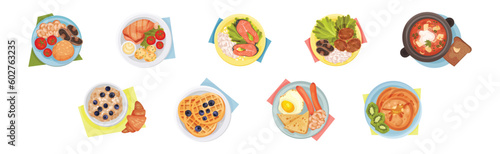 Fototapeta Naklejka Na Ścianę i Meble -  Served Dish on Plate with Waffle, Scrambled Egg, Pancakes, Salmon and Soup Above View Vector Set