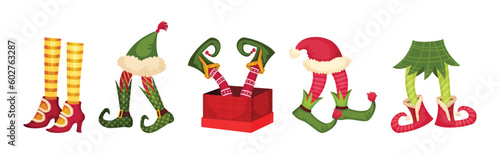 Feets of Christmas Elf and Leprechaun in Boots and Bright Stockings Vector Set
