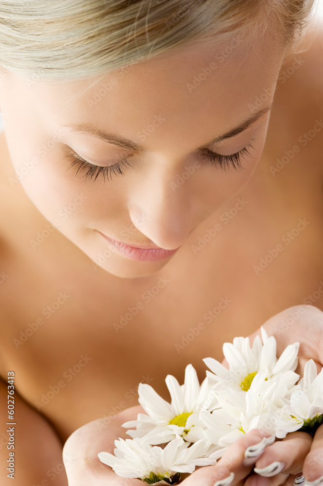 beauty portrait of a beautiful woman with twist braid and some white daisy beauty portrait of a beautiful woman with twist braid and some white daisy