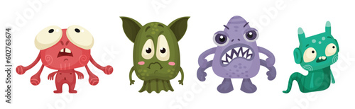 Cute Little Monsters with Horns and Big Eyes Expressing Emotion Vector Set