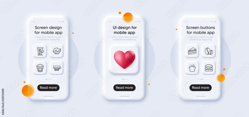 Popcorn, Mint leaves and Mocha line icons pack. 3d phone mockups with heart. Glass smartphone screen. Coffee beans, Cake, Cooking hat web icon. Seafood, Burger pictogram. For web app, printing. Vector Popcorn, Mint leaves and Mocha line icons pack. 3d phone mockups with heart. Glass smartphone screen. Coffee beans, Cake, Cooking hat web icon. Seafood, Burger pictogram. For web app, printing. Vector
