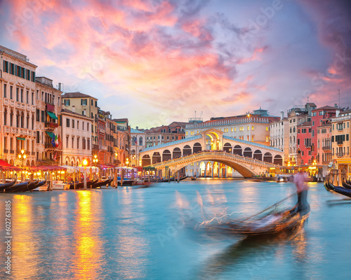 Stunning sunset and evening cityscape of Venice with famous Canal Grande and Rialto Bridge © pilat666