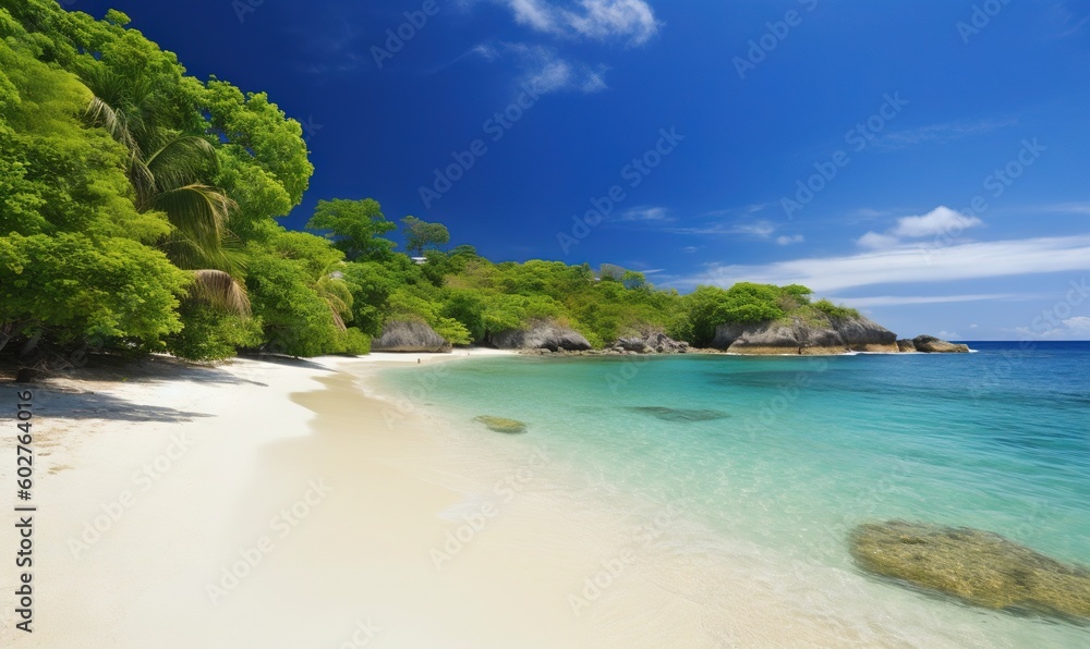  a sandy beach with clear blue water and green trees on the shore.  generative ai
