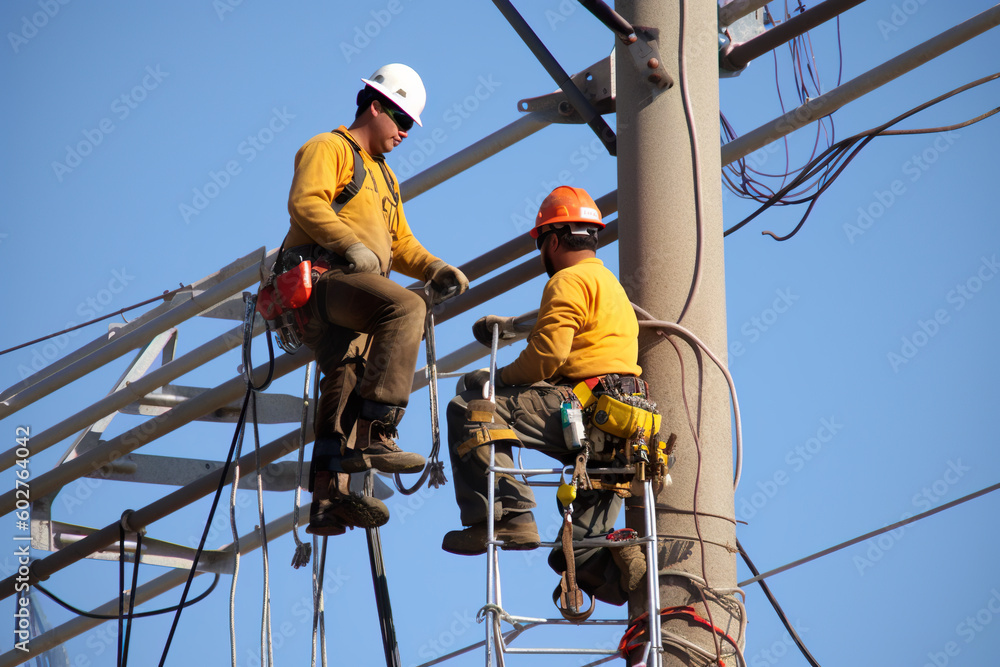 A couple of men that are standing on a pole. Generative AI. Power line workers.