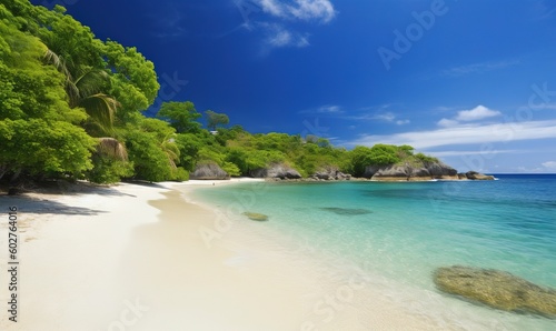  a sandy beach with clear blue water and green trees on the shore. generative ai