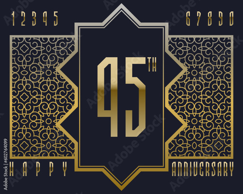 Happy anniversary sign kit in rich solemn style style. Golden patterned numbers and vintage frame for creating celebratory label.
