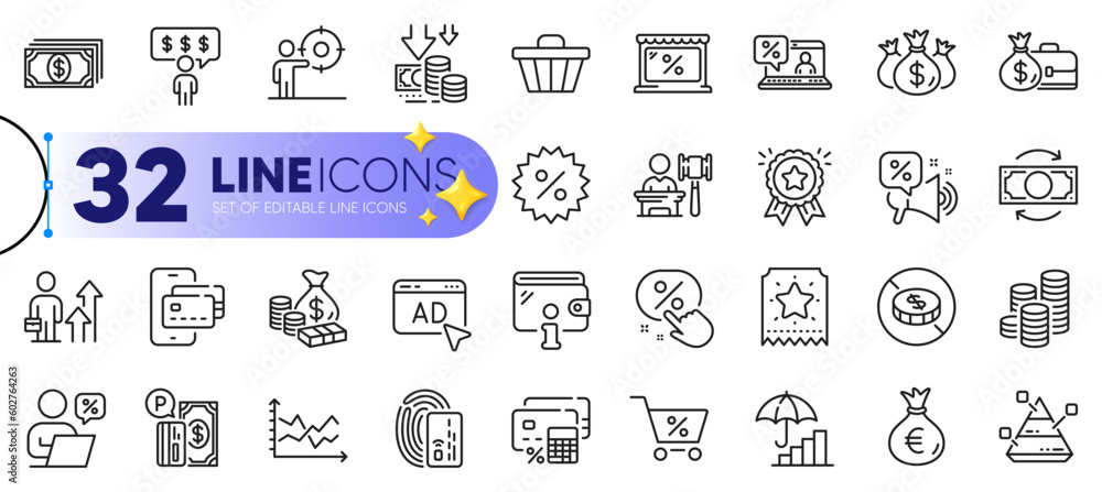 Outline set of Money, Phone pay and Inflation line icons for web with Money bag, Loyalty ticket, Check investment thin icon. Coins, Wallet, Card pictogram icon. Pyramid chart. Vector