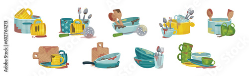 Piles of Dirty Dishes and Utensils with Plates and Cups Vector Set