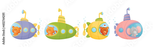 Cute Animal Swimming Under Water on Submarine Vector Set