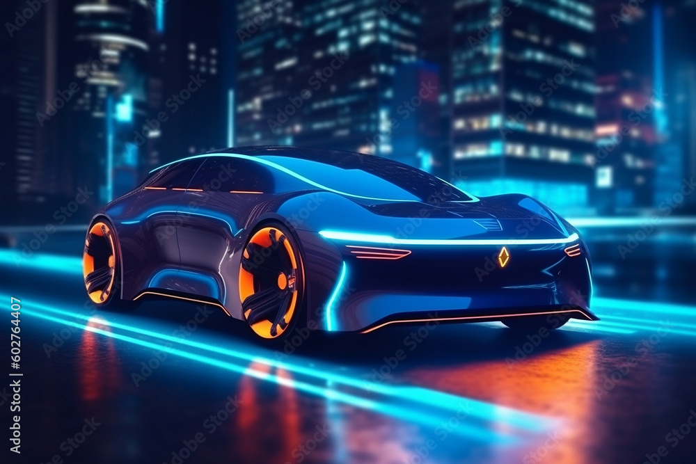 futuristic car driving in night, neon lights and future city lights, ai generated