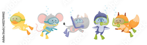 Cute Animal Swimming Underwater with Snorkeling Tube and Goggles Vector Set