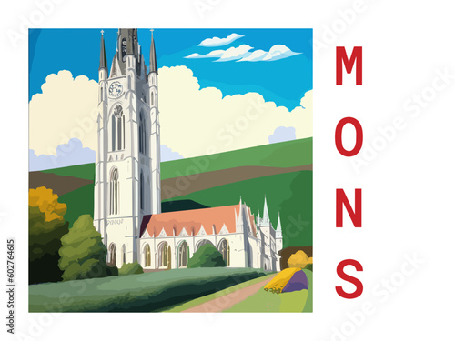 Mons: Vintage travel poster with an Belgian landscape and the title Mons photo