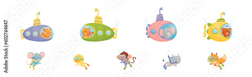 Cute Animal Swimming Under Water on Submarine and with Snorkeling Tube Vector Set