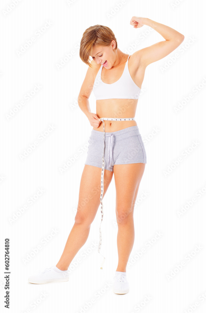 Young woman measuring herself with a measuring tape, from a complete series of photos. Young woman measuring herself with a measuring tape, from a complete series of photos.