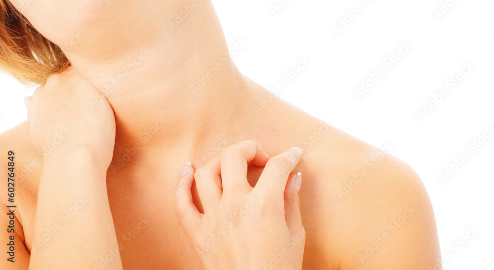 Fototapeta premium Woman massaing her shoulders and neck, from a complete series of photos.