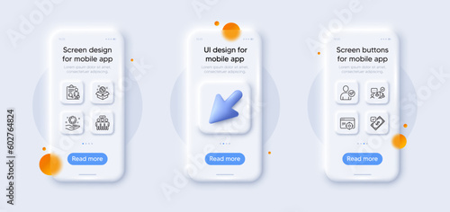 Inspect, Employee hand and Sale line icons pack. 3d phone mockups with cursor. Glass smartphone screen. Employees group, Identity confirmed, Lawyer web icon. Vector