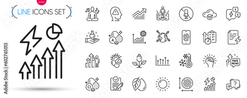 Pack of Freezing, Cloud computing and Growth chart line icons. Include Augmented reality, No microphone, Fake news pictogram icons. Question mark, Chemistry lab, Vitamin a signs. Vector