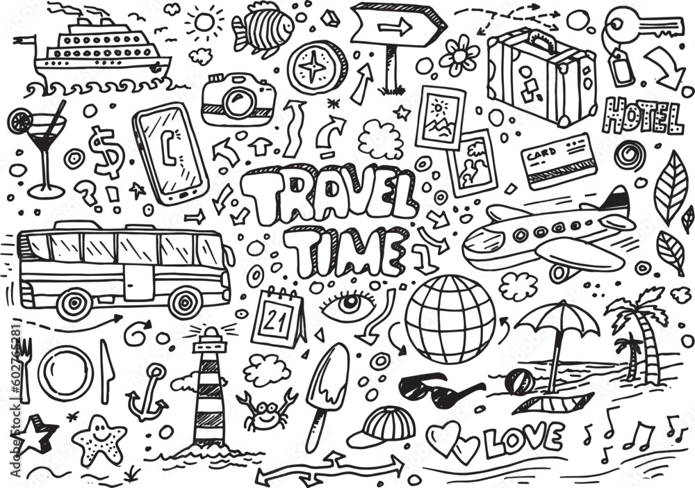 Hand drawn travel time doodles, vector illustration