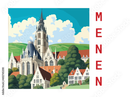 Menen: Vintage travel poster with an Belgian landscape and the title Menen