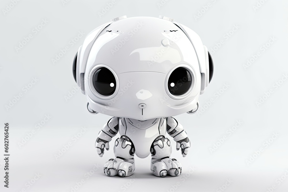 white robot with big eyes standing on a blue background Generative AI white robot with big eyes standing on a blue background Generative AI