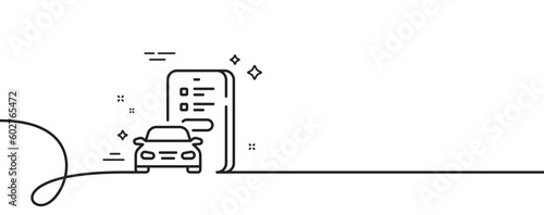 Car registration line icon. Continuous one line with curl. Online warranty sign. Mobile phone app symbol. Car registration single outline ribbon. Loop curve pattern. Vector