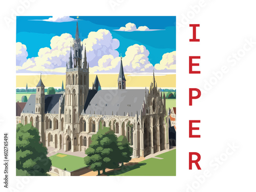 Ieper: Vintage travel poster with an Belgian landscape and the title Ieper