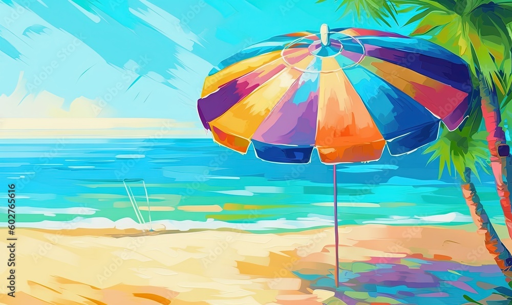  a painting of a beach with a palm tree and a colorful umbrella.  generative ai