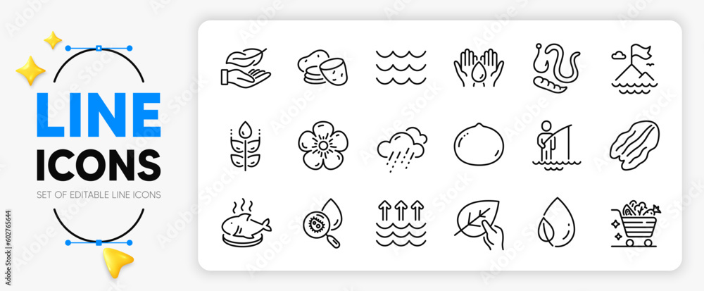 Evaporation, Safe water and Leaf dew line icons set for app include Lightweight, Fish dish, Waves outline thin icon. Vegetables cart, Natural linen, Water analysis pictogram icon. Vector