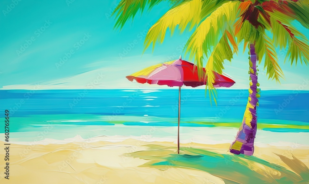  a painting of an umbrella and a palm tree on a beach.  generative ai
