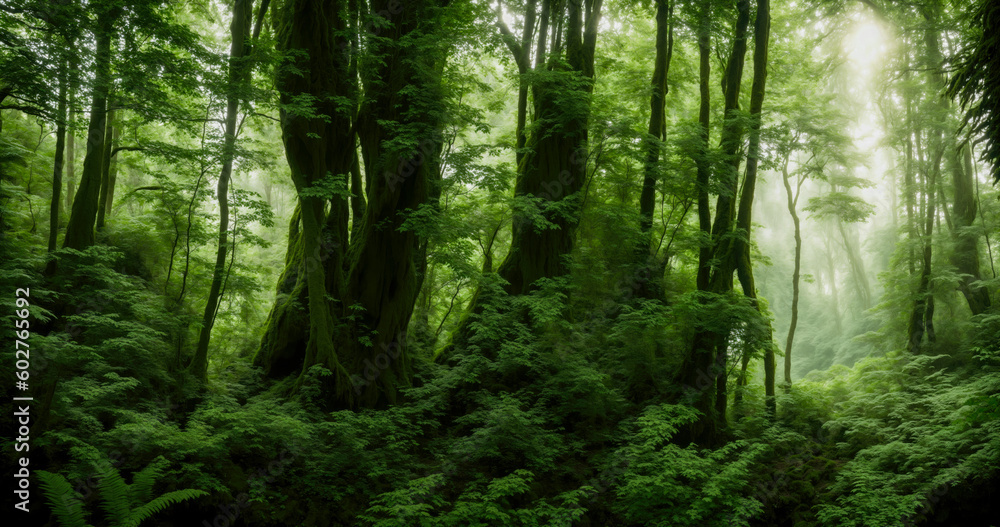 Fototapeta premium Deep woodland, where the vibrant greenery and peaceful ambiance invite you to explore the wonders of the natural environment. Generative AI
